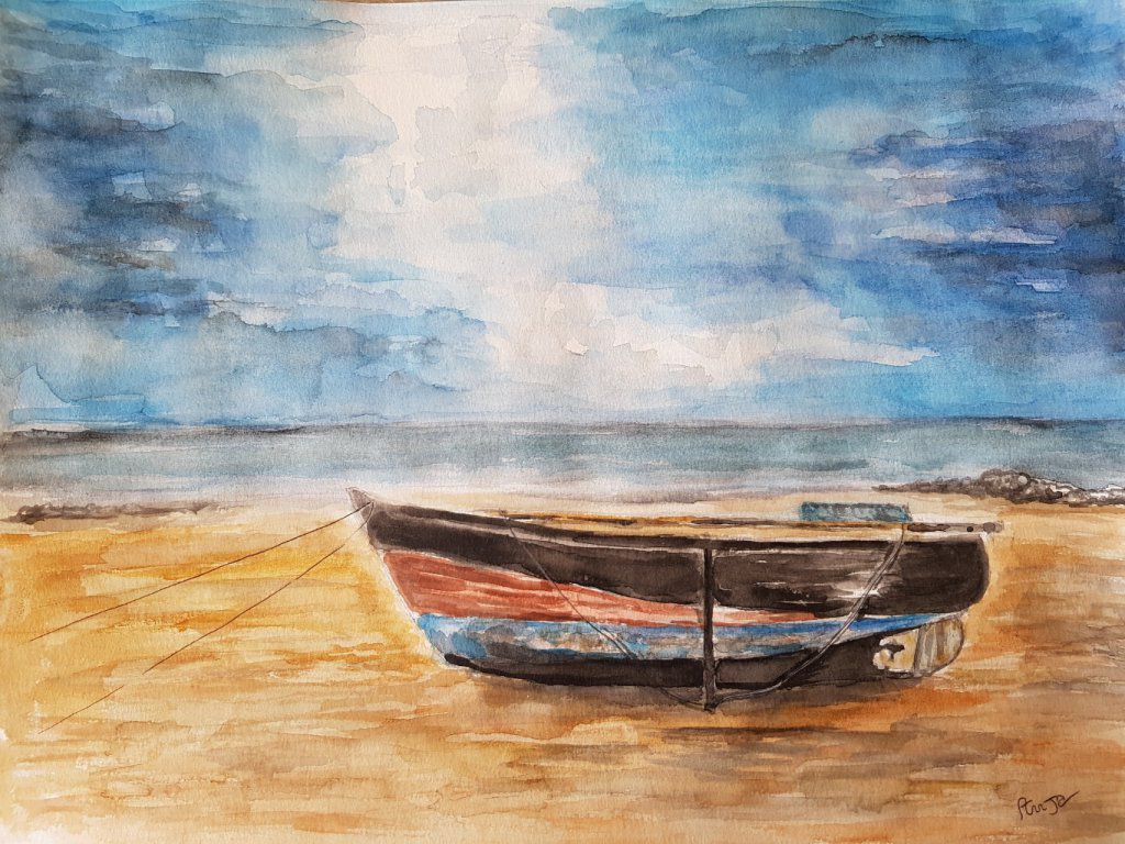 Barque en bord de mer-aquarelle