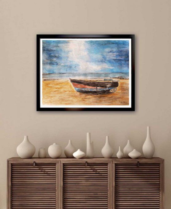 Aquarelle originale  - Barque en bord de mer