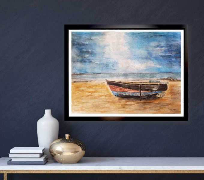 Aquarelle originale  - Barque en bord de mer