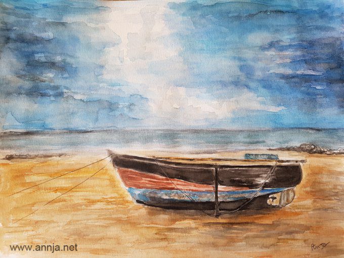 Aquarelle originale  - Barque en bord de mer