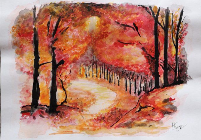 Aquarelle originale - Sentier automnal 