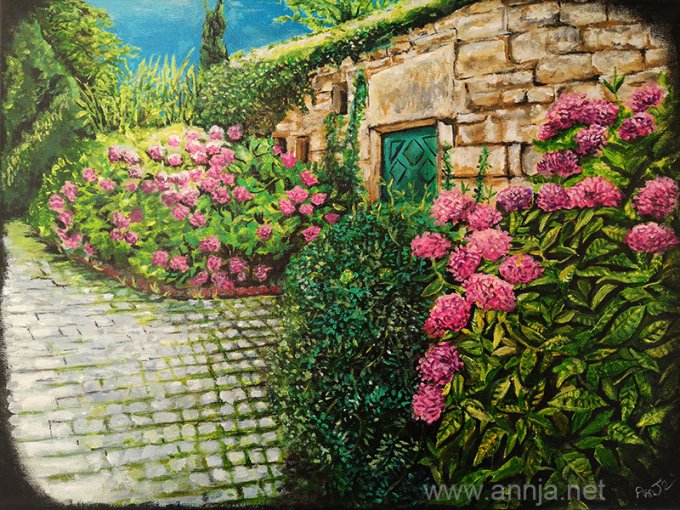 Acrylique originale - Foyer d'hortensia 