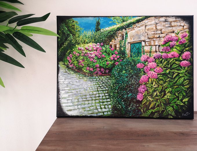 Acrylique originale - Foyer d'hortensia 